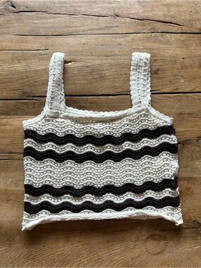 LOV Crochet Wave Stripe Crop Tank - White and chocolate brown xs